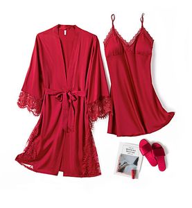 Damen-Nachtwäsche, weiche Damen-Rayon-Robe-Sets, Spitzen-Blumenbesatz, 2 STÜCKE, Dessous, Kimono, Nachthemd, sexy V-Ausschnitt, Trägeroberteil, Schlafhemden Lounge Home D