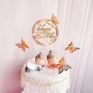 Festliga leveranser andra fest Happy Birthday Cake Toppers Butterfly Acrylic Topper Decoration for Baby Shower Dessert Baking