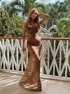 Kvinnors badkläder 2023 Sexig Spaghetti Strap Leopard Long Sundress Beach Dress Summerkläder för kvinnor Beach Wear Swim Suit Cover Up A1224 T230505