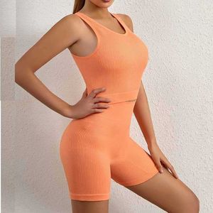 Yoga Outfit Workout Sets for Women 2 Piece Seamless Ribbed Crop Tank High Waist Shorts Yoga Outfits with Sports Bra Gym Set Clothes Women P230505