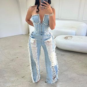 Kvinnors jeans för kvinnor casual denim rompers overall rippade tvättade jumpsuits hög midja