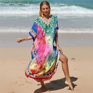 Costumi da bagno da donna Vintage Bohemian Print Beach Abiti da donna Protezione solare Cover-up Abito lungo allentato Camicetta femminile Summer Vacation Costume da bagno di base T230505