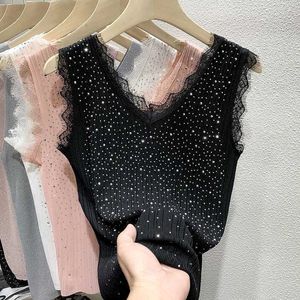 Kvinnors tankar Camis Hot Drill Ice Silk Lady Vest Women's Summer Thin Knit ärmlös Vest Top Lace Top Y2K Tops Women Clothing P230505