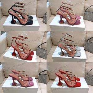 Tasarımcı Amina Muaddi Kadın Sandaletler Elbise Ayakkabı Gerçek Deri Yüksek Topuklu Kristal Taşıma Dekorasyon Şeffaf Topuk 10cm Boyut 35-42