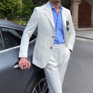 Abiti da uomo Blazer New Summer Seersucker Suit Uomo Italian Style British Slim Fit Casual White Suit Trendy Man Smoking Homme Mariage Men Tuxedo Suit 230505