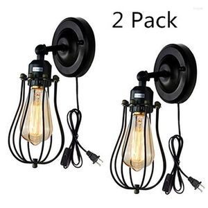 Vägglampa 2 pack trådbur sconce industriell plug-in sladd ljus edison svart fixtur för sovrum garaget wandlamp