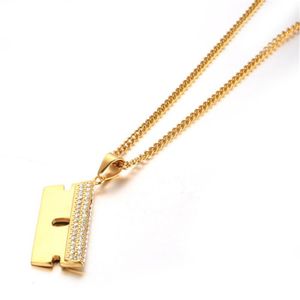 Pendant Necklaces Iced Out Bling Blade Male Gold Color Stainless Steel Hip Hop Men's Barber Shop Jewelry DropPendant