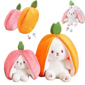 Plush Dolls Cosplay Strawberry Carrot Rabbit Plush Toy Stuffed Creative Bag Into Fruit Transform Baby Cuddly Bunny Plushie Doll for Kids 230504