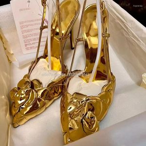 Sandals Golden Mirror Leather Rose Flower Pointed Toe Hollow Brand Design Stiletto High Heels Back Straps Buckle Summer Shoes