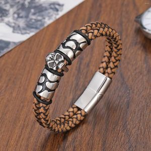 チャームブレスレットTehao Bohemian Style 316ステンレススチールメンズブレスレットバングルゴーストヘッドアクセサリー編組ワインレザーレザーレザー