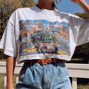 メンズTシャツレトロ美学女性のTシャツハラジュクタイムズスクエアヨークプリントコットンショートスリーブカジュアルストリートドレスグラフィックTシャツY2Kトップ