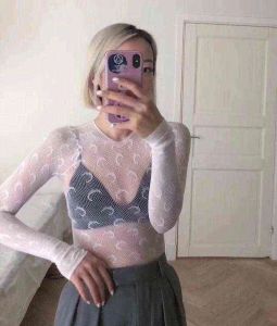 Moon Printed Transparent Mesh Sexy T-Shirt Women O-Neck Long Sleeve Slim Basic Casual Female Tops Spring