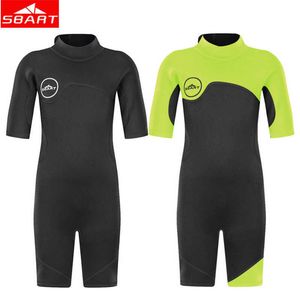 Wetsuits Drysuits Sbart Child Diving Wetsuit 2mm Kort ärm Neopren Nylon Diving Suit For Boy One Piece Keep Warm Sunscreen Swimming Baddräkt J230505