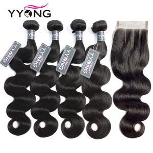 ヘアピースYyong Body Wave Bundles Brazilian Weave 3 4 Lace 4x4 Remy Human230505