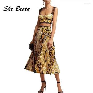 İş elbiseleri 2 adet etek setleri kadınlar mahsul üst ve midi pileli çiçek baskılı kamisole yüksek sokak tasarımcısı vintage takım elbise kıyafetleri ropa