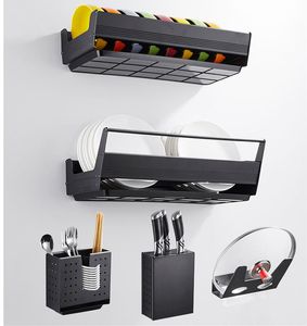 Organization Black Aluminum Alloy Wall Mounted Kitchen Storage Rack Dish Drainer Plate Drying Pot Cover Cutlery Knife Holder Pantry Oragnizer