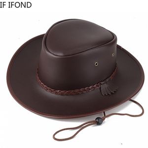 Ampla borda chapéus balde de alta qualidade homens ocidental cowboy chapéu falso couro cavalheiro jazz vintage boné outono inverno sombrero hombre bonés 230504