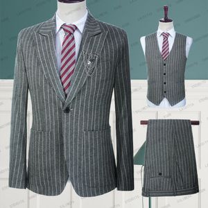 Men's Suits Blazers New Suits For Men 3 Pcs Casual Slim Fit Summer Grey Linen White Stripe Blazer Vest Pants Set Formal Wedding Tuxedos Groom 230505
