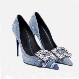 Moda denim sapatos de salto alto bombas de cristal embelezado decoração para 105mm luxos designers sapato vestido noite sapatos femininos de fábrica