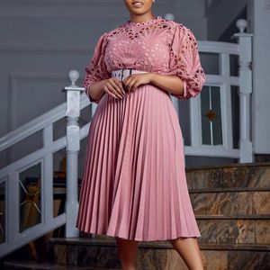 Plus size Dresses Size Elegant For Chubby Women Lace Hollow Out Party 2023 Spring Casual Robe Female Designer Fashion Outfit 230504