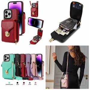 Multifunktion Pu Leather Wallet Pack Falls för iPhone 14 Pro Max Plus 13 12 11 X XS XR 8 7 6 Plus dragkedja Pouch Girls Lady Soft TPU bakåt med axelband