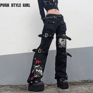 Damenhose Caprihose Gothic Emo Alt Cargohose Techwear Hippie Baggy Jeans Mom Goth Punk Black Denim Hose Cyber Y2k Pants Academic Dark Clothes 230505