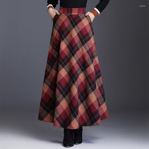 スカート格子縞のウールスカート秋の冬の韓国ファッションエレガントな服ハイウエストビッグヘムロングマキシ厚いラインスタイル
