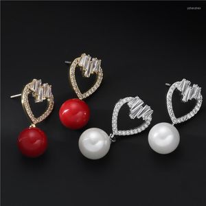 Hoop Earrings Brand Genuine Luxury Real Jewels Japanese Korean Red Pearl Pendant Heart-shaped High-grade Micro Set And White Gold