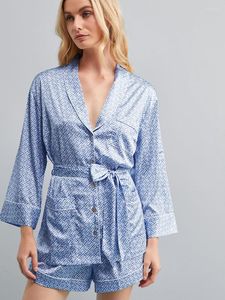 Kvinnors sömnkläder Linad Print Pyjamas för kvinnor 2 stycken uppsättningar tre kvart ärm Sashes kvinnliga avslappnade kostymer med shorts vår 2023