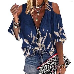 Damen Blusen Damen Reißverschluss Bluse Sommer Kalte Schulter Top Shirt Elegant 3/4 Ärmel Pullover Tops Boho Strand Büro Schlank Blusas Mujer