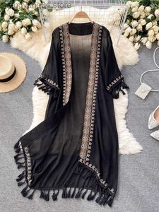 Women's Swimwear SEDUTMO Summer Pareo Beach Kimono Women Bohemian Cover Up Long Fashion Embroidery Poncho Cardigan Tassel Chiffon Shirt ED1870 T230505