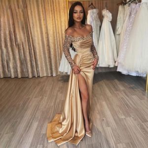 Party Dresses Glitter Champagne Mermaid Evening Sparkly Off Shoule Pleated Prom Gowns Sexig High Side Slit Bride 2023 Robe de 230505