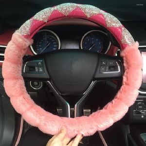 Steering Wheel Covers Winter Plush Car Cover Warm Pink Furry Case With Rhinestones Crystals For Women Lady