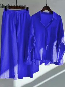 Women Dwuczęściowe spodnie 2 -cece duży bawełniana koszula Plus Sufby z wysokim talią zestaw mody dla dresu 230505