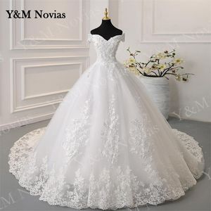 파티 드레스 y m Novias Off Shoulder Plus Size Size Ovestido de Noiva 웨딩 드레스 기차 또는 바닥 커스텀 신부 얇은 명주 마리지 230505