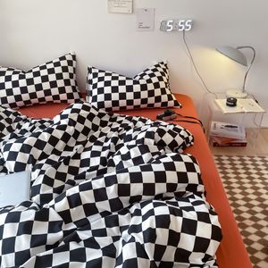 Sängkläder sätter 4st täcke täcke med elastisk lakan checkerboard tryck sängkläder set drottning king size lencol cama casal comforter cover set 230504