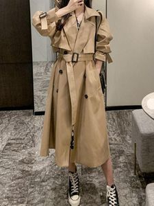 Женские падения осенней весенней траншеи женщины винтаж сплошной цвет длинное пальто леди модные кнопки пуговица