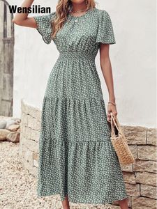 Vestidos casuais moda estampa floral maxi vestido mulheres mulheres de verão designer de manga curta estilo casual bohemian grompress o pescoço damas longas vestido boho 230505