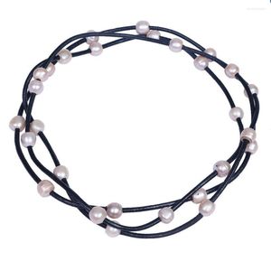 Chains Natural Pink Freshwater Pearl Black Leather Rope Jewelry Long Necklace For Christmas Gifts