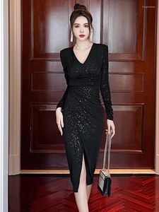 Casual Dresses Spring Autumn Women Evening Dress Sparkly Sequin Chic Sexy V-Neck Folds Bodycon Midi Party Club Prom Robe Stretchy Mujer