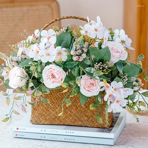 Decorative Flowers Artificial Hydrangea Tea Bud Rose Bouquet Simulation Plant Wedding Party Home Garden Desktop Flower Arrangement Decor