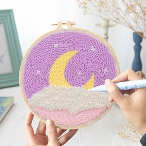 Needle Scenery Moon Punch Embroidery Starter Kits DIY Craft Set Rug Hooking Tool With Threader Fabric Wool Yarn