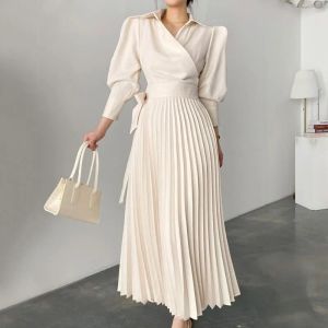 QNPQYX New Casual Dresses Long Sleeve High Waist Spring Luxury Autumn Woman Pleated Dress Female A-Line Party Elegant Vintage Maxi For Women