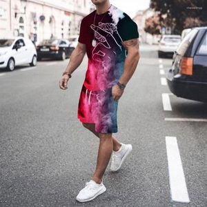 Herrspårar Summer Style 3D Printing Color Matching T-shirt Set Casual Beach Fashion Tide Brand Men's 2-Piece