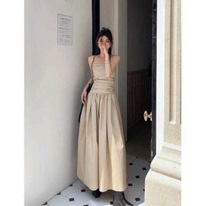 Casual Dresses Fashion Sleeveless Strapless Temperament Dress New Spring Off Shoulder Khaki Black Pleated Waist Long Dress Elegant Women Z0506