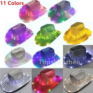 Unisex Space LED Cowboy Hat Flashing Light Up Sequin Cowgirl Party Hats Luminous Hats Caps With Adjustable Windproof Cord For Halloween Costume Accessories