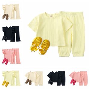 Babykläder flickor flyg ärm t-shirt flare byxor kläder set sommar mode fasta toppar byxor passar barn prinsessa korta ärm tröjor blossade byxor kläder bc658