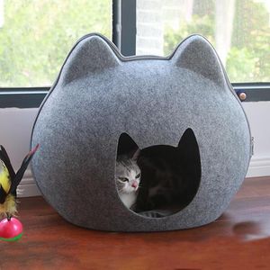 Tapetes destacáveis cama de gato casa zíper feltro respirável cama de gato caverna com almofada pet saco de dormir para gatinho cesta gatos acessórios