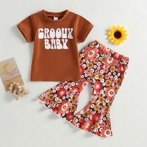 ins Europe style girls clothing sets fashion summer kids letter short sleeve T-shirt floral flare trouser suit loose outfits for children S2191