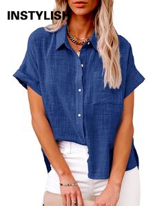 Women's Blouses Shirts Casual Solid Short Sleeve Cotton Linen Loose Blouse Vintage Harajuku Oversized Shirt Elegant Tunic Summer Tops Women 230505